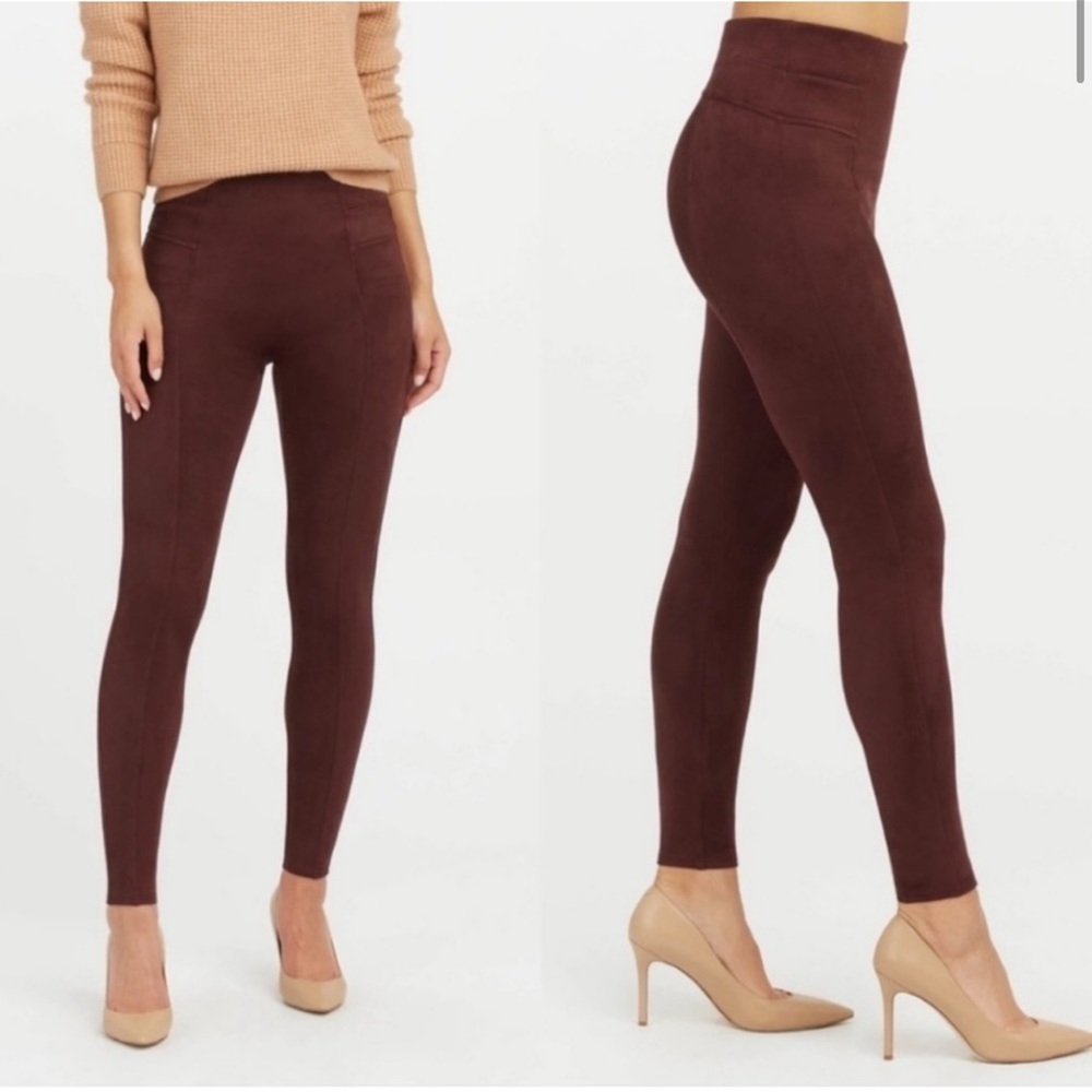 NWT Spanx Size L Dark Red Merlot Maroon Faux Suede Leggings $98